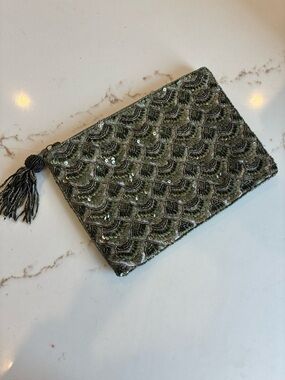 Anthropologie Embellished Olive Green Beaded Clutch with Tassel